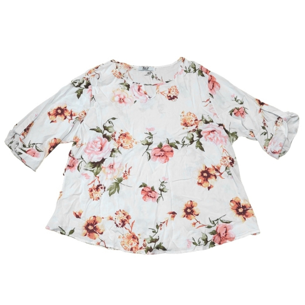 3/$20 Floral Print Top Womens Size XL White Stretch 3/4 Sleeves